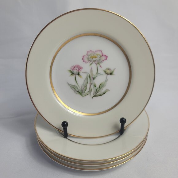 FOUR Mikado Harmony Bread Plates Cream Rim Pink Floral Center - Picture 1 of 12